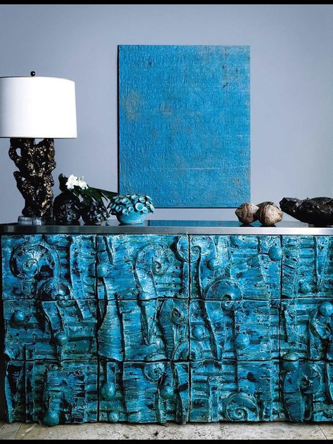 Luxury Home Accessories, Salou, Eclectic Home, Color Textures, Unique Furniture, Interior Inspiration, Shades Of Blue, The Wall, Sideboard