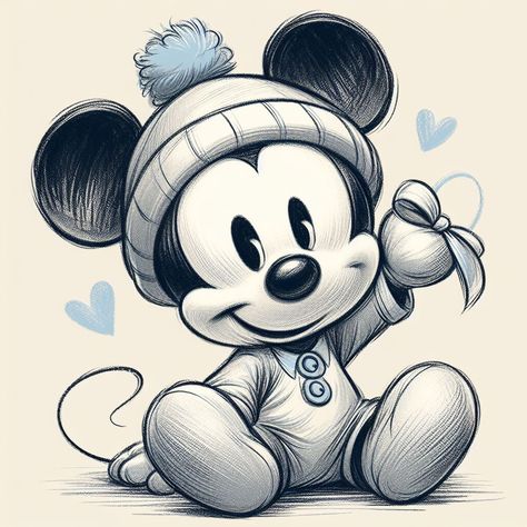 Drawing Ideas Easy Cartoon Characters, Raw Sketches, Disney Characters Tattoos, Easy Cartoon Characters, Mickey Mouse Tattoo, Minnie Mouse Drawing, Baby Disney Characters, Baby Cartoon Drawing, Disney Character Art