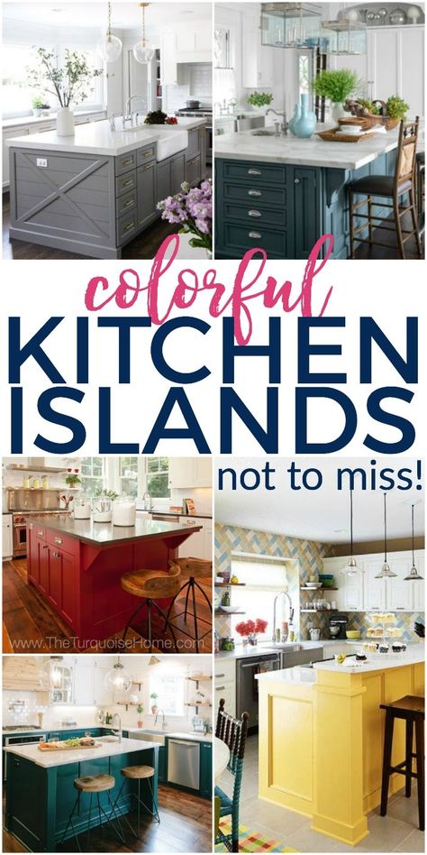 Teal Blue Kitchen Island, White Kitchen Island Color Ideas, Kitchen Island Accent Color Farmhouse, Paint Kitchen Island Ideas, Green Blue Kitchen Island, Bright Kitchen Island Colors, Bold Kitchen Island Color, Accent Color On Kitchen Island, Kitchen Islands Designs