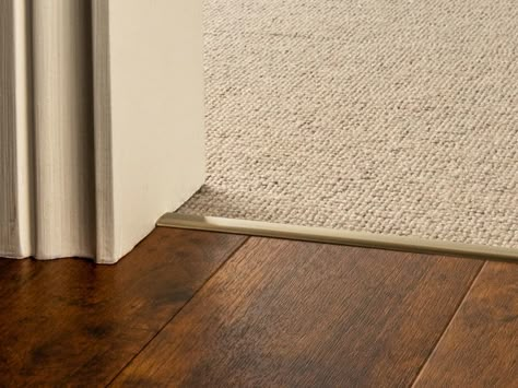 Carpet Trim Ideas, Carpet Hardwood Transition, Carpet Threshold Ideas, Hallway With Carpet, Carpet Transition Strip, Carpet To Floor Transition, Hard Flooring Ideas, Carpet To Hardwood Transition, Carpet Flooring Bedroom