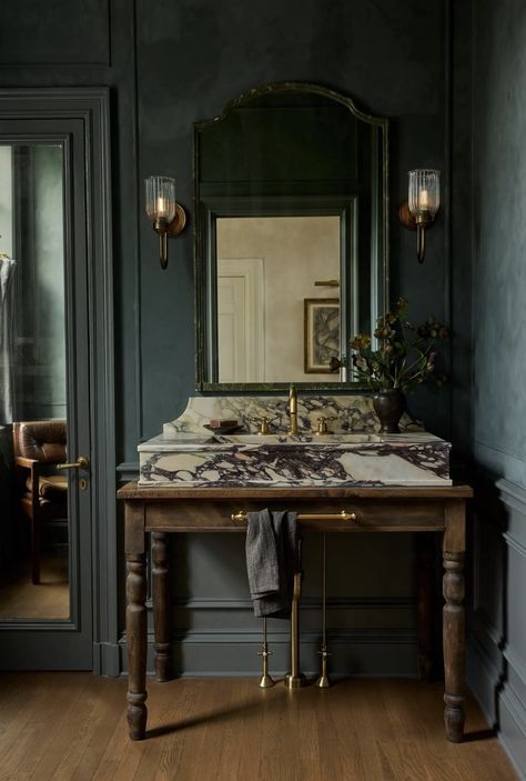 Chocolate Brown Sofa, Moody Powder Room, Walnut Kitchen Island, Georgian Revival, Historic Renovation, Brown Sofa, Kitchen Cabinetry, Custom Kitchen, Architectural Digest