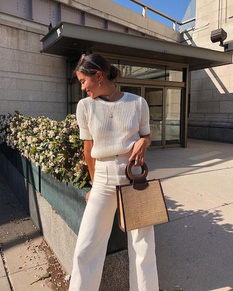 women's white mesh top with white bottoms, women's fashion, spring/summer style, street style, how to wear, all white outfit, monochromatic outfit, casual outfit, everyday wear, modern, feminine, chic City Outfit, Monochrome Outfit, City Outfits, All White Outfit, Street Style Summer, Mode Inspo, Inspired Outfits, 가을 패션, Inspiration Mode