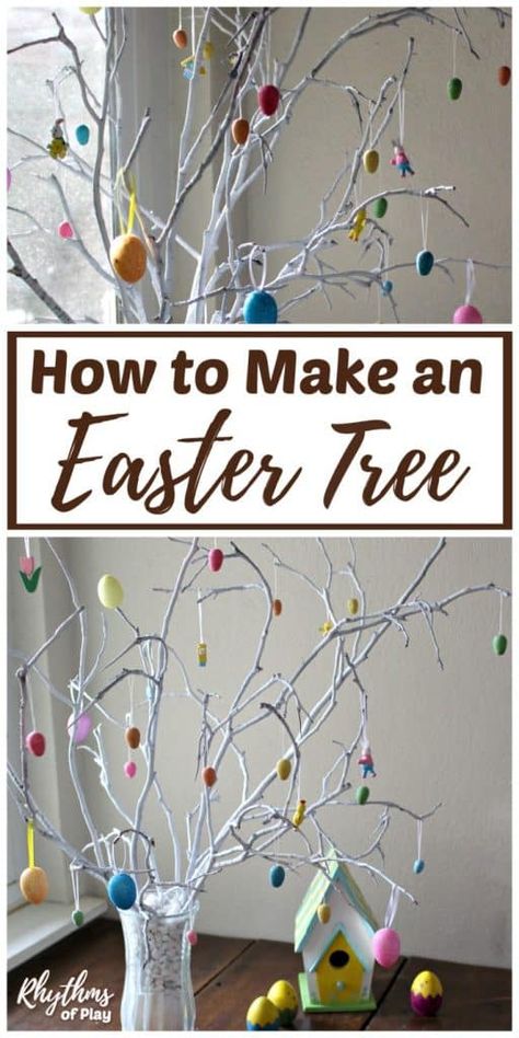 Spring Easter Egg Tree Tradition - Here's an easy Easter craft and spring home decor idea that also makes a fun Easter brunch or dinner centerpiece! Learn how to make a DIY Easter tree with real bare branches, or, decorate a twig tree with hallowed-eggs and other creative Easter ornaments. Easter Egg Tree, Easter Ornaments, Egg Tree, Twig Tree, Tree Centerpieces, Easter Tree Decorations, Diy Ostern, Easy Easter Crafts, Easter Eggs Diy