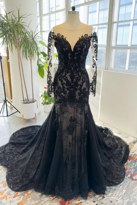 Gothic Black Wedding Dresses V Neck Mermaid Long Sleeves Backless Bridal Gowns | eBay Wedding Manifestation, Buttons Wedding Dress, Goth Wedding Dresses, Black Lace Wedding Dress, Black Wedding Dress Gothic, Black Lace Wedding, Wedding Dress Buttons, Black Wedding Gowns, Backless Bridal Gowns