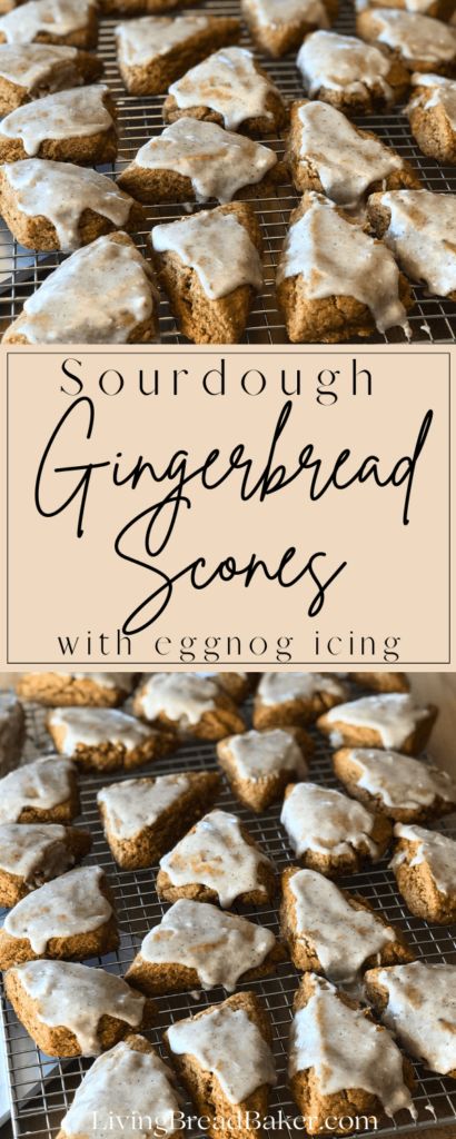 text: sourdough gingerbread scones with eggnog icing, images of mini gingerbread scones with eggnog icing on a wire cooling rack Sourdough Discard Christmas Recipes, Winter Sourdough Recipes, Sourdough Christmas Bread, Sourdough Holiday Cookies, Scones Flavors, Sourdough Gingerbread Cookies, Sourdough Gingerbread Scones, Gingerbread Sourdough Bread, Sourdough Christmas Recipes