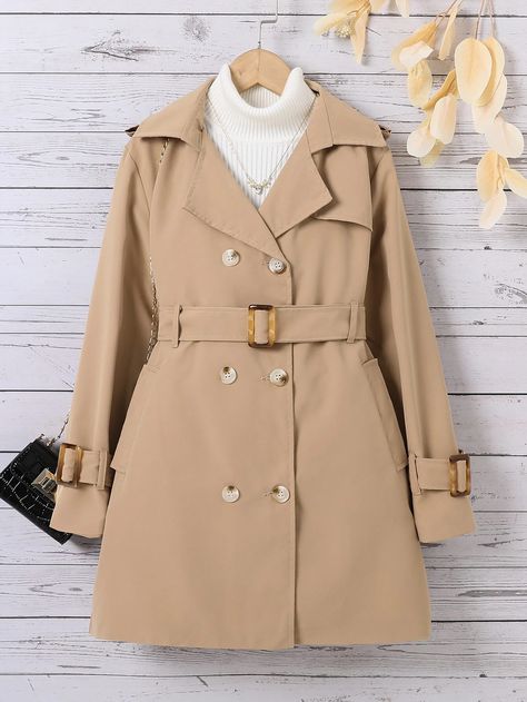 Girls Double Breasted Buckled Belted Trench Coat Without Sweater | SHEIN USA Girls Trench Coat, Coat With Belt, Belted Trench Coat, Button Jacket, Girls Sweaters, Jacket Buttons, Girls Fashion, Trench Coats, Color Khaki