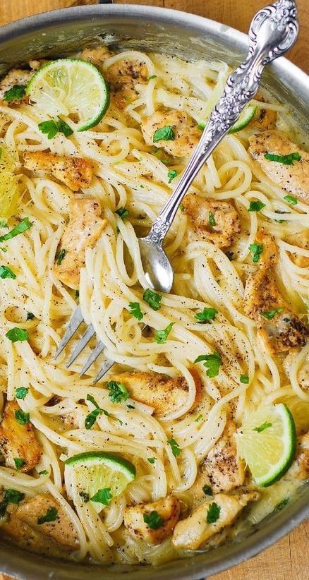 Cilantro-Lime Chicken Pasta in a stainless steel pan Delicious Spaghetti, Cilantro Lime Sauce, Creamy Chicken Pasta, Cilantro Lime Chicken, White Cheese, Lime Sauce, Pasta Dinners, Pasta Dinner Recipes, Chicken Dishes Recipes