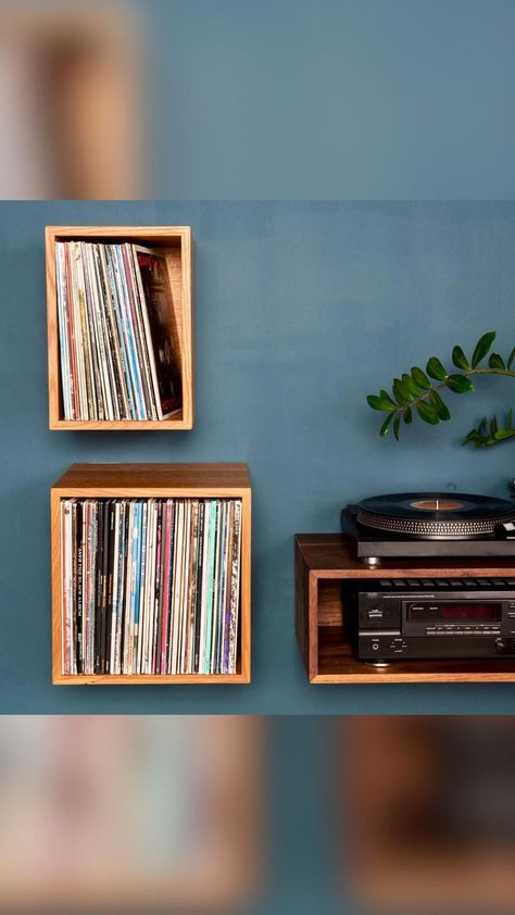 Floating Vinyl Storage! | Record storage, Vinyl record storage, Media room furniture Record Shelf Diy, Record Furniture, Record Player Storage, Lp Regal, Record Player Wall, Vinyl Record Storage Diy, Vinyl Record Furniture, Media Room Furniture, Vinyl Record Shelf