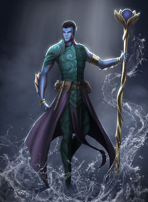 ArtStation - Commission - Triton Warlock, Tamás Patkós Sea Elf Sorcerer, Sea Elf Warlock, Sea Elf Dnd Male, Triton Warlock, Sea Elf Dnd, Dnd Theros, Ocean Character Design, Triton Dnd, Sea Elves