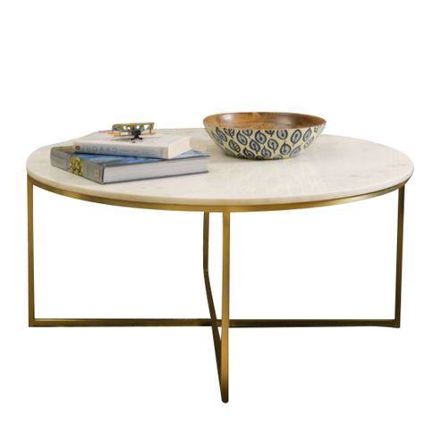 Marble and Brass 36" Round Coffee Table - Bed Bath & Beyond - 37215608 Marble And Brass, Marble Frame, Coffee Table Size, Table Bed, Piano Room, Table Sizes, Furniture Outlet, Outlet Store, Modern Round