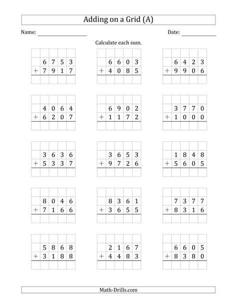 The Adding 4-Digit Plus 4-Digit Numbers on a Grid (A) Math Worksheet Grade 4 Math Worksheets Addition And Subtraction, Addition 4 Digit Numbers, Addition 3 Digit Numbers Worksheets, 4 Digit Numbers Worksheet, Column Addition, Teaching Subtraction, Easy Math Worksheets, Worksheet Math, Addition Worksheet