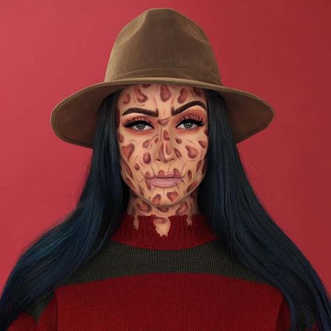 41 Unique Halloween Makeup Ideas from Instagram | Page 4 of 4 | StayGlam Halloween Makeup Freddy Kruger, Freddy Kruger Make Up, Freddie Kruger Makeup, Freddy Krueger Costume Women, Freddy Krueger Makeup, Crazy Halloween Makeup, Freddy Krueger Costume, Chucky Makeup, Unique Halloween Makeup