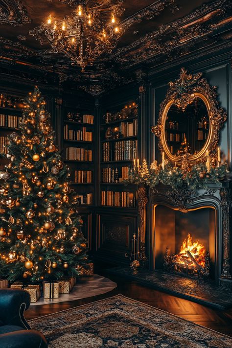 #christmas #elegant #holiday #elegantchristmas Dark Academia Aesthetic Christmas, Dark Acedamia Christmas, Dark Academia Christmas Wallpaper, Dark Academia Christmas Aesthetic, Old Money Christmas Aesthetic, Dark Christmas Aesthetic, Dark Academia Christmas, Academia Christmas, Black Christmas Tree Decorations