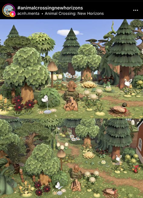 Acnh Forest Walkway, Forest Animal Crossing Ideas, Animal Crossing Forestcore Ideas, Animal Crossing The Shire, Acnh Island Enterence Ideas, Forest Core Nooks Cranny, Acnh Campsite Designs Forest, Dark Forest Acnh, Animal Crossing Island Forestcore