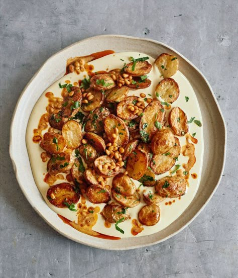 Roasted Potatoes with Aïoli and Buttered Pinenuts | Guest Recipes | Nigella's Recipes | Nigella Lawson Steakhouse Sides, Ottolenghi Cookbook, Guest Recipes, Kebab Shop, Ottolenghi Recipes, Yotam Ottolenghi, Nigella Lawson, Kitchen Shelf, Aioli