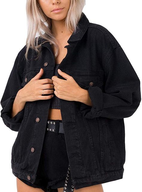 Oversized Black Denim Jacket, Hardware Buttons, Boyfriend Denim Jacket, Black Jean Jacket, Denim Texture, Oversized Jean Jacket, Long Sleeve Denim Jacket, Oversized Jeans, Jean Jacket Women