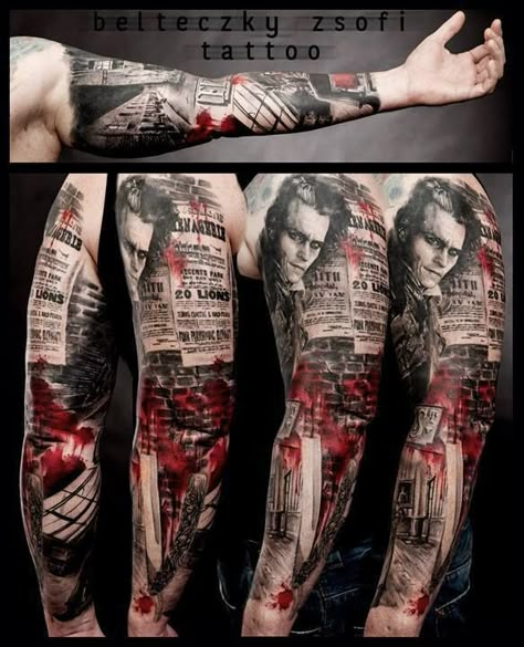 Pretty epic Sweeney Todd Tattoo, Tim Burton Sleeve, Realistic Trash Polka, Trash Polka Art, Tatuaje Trash Polka, Tim Burton Tattoo, Trash Polka Tattoos, Polka Tattoo, Movie Tattoo