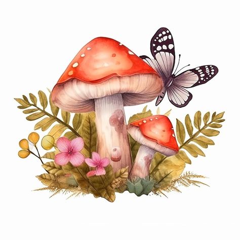 Mushroom Art Cute, Mushroom Paintings, Mushroom Clipart, Mushroom Wallpaper, Amanita Muscaria, Fly Agaric, Vintage Mushroom, Transparent Design, Premium Photo