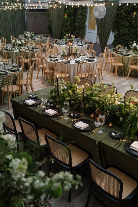 Green and White Tent Wedding at Chicago Illuminating Co. Earthy Green Wedding Theme, Green Table Cloths Wedding, Earthy Green Wedding, Moss Green Wedding, White Tent Wedding, Green Tablescape, Goddess Wedding, Forest Green Wedding, White And Green Wedding