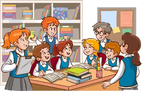 A group of children sitting at the table in the classroom and reading together. Or shelves in the background. Vector illustration of student study group.cartoon. Group Cartoon, Classroom Clipart, Student Cartoon, English Learning Books, Beautiful Landscape Paintings, School Cartoon, Group Study, Study Pictures, Student Drawing