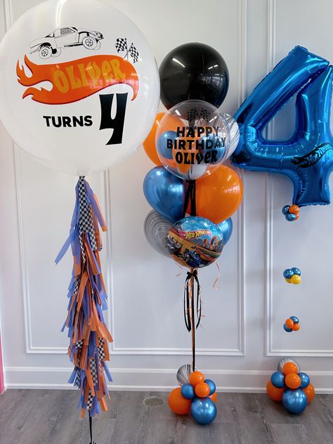 Hot Wheels Balloons, Hotwheels Birthday Party Decoration Boys, Hot Wheels 4th Birthday Party, Hot Wheels Balloon Garland, Hot Wheels Party Ideas, Hotweels Birthday Ideas, Hot Wheels Birthday Party Ideas Decoration, Boy Birthday Ideas, Hot Wheels Birthday Party Ideas