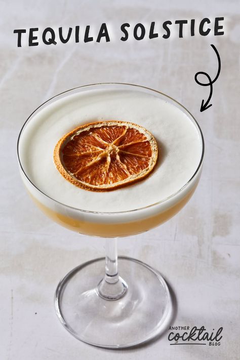 Celebrate the longest night of the year with a tequila solstice, a winter tequila cocktail made with unique blend of tequila, chili liqueur, and creme de cacao. This spicy, equal parts base is balanced with frothy egg white foam and garnished with a dried orange slice to evoke the spirit of the winter moon. Tequila Sour Recipe, Tequila And Lemonade, Tequila Based Cocktails, Solstice Winter, Margarita On The Rocks, Tequila Cocktail, Peppermint White, Sour Foods, Winter Moon