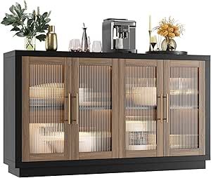 Buffet Cabinet Modern, Wood Coffee Bar, Glass Sideboard, Coffee Bar Cabinet, Cabinet Buffet, Cabinet Modern, Kitchen Black, Fluted Glass, Large Sideboard