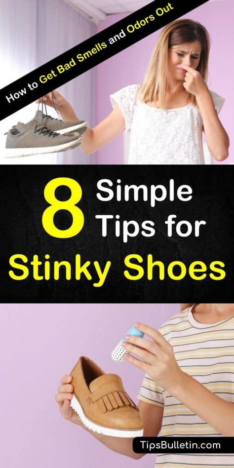 Discover how to get rid of smelly shoes with these simple life hacks. Use natural products like baking soda, alcohol, essential oils and vinegar to eliminate foot odor overnight. These awesome home remedies are easy to use. #smellyshoes #smellyfeet #odor Stinky Shoes, Shoe Spray, Smelly Shoes, Cleaner Recipes, Deep Cleaning Tips, Shoes Hack, Baking Soda Uses, Bad Smell, Shoes Diy