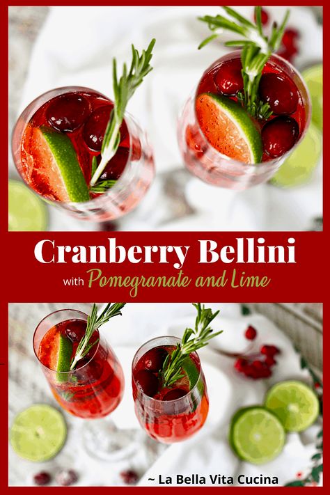 Cranberry and Pomegranate Bellini | La Bella Vita Cucina  #cranberry #italian #bellini #cocktail #prosecco #cranberry #pomegranate #christmas #thanksgiving Italian Bellini, Pomegranate Christmas, Cocktail Prosecco, Cranberry Pomegranate, Simple Syrup Cocktails, Bellini Cocktail, Rosemary Simple Syrup, Christmas Delights, Italian Cocktails