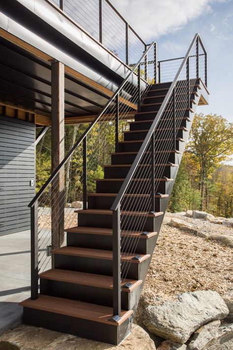 Learn about Keuka Studios Custom Fabricated Stairs and Railings Blog Modern Exterior Stairs, Steel Staircase Design Outdoor, Deck Steps With Railing, House Exterior Stairs, Modern Exterior Railing, Exterior Stairs Architecture, Outdoor Stairs To House Entrance, Outside Stairs Design, Terrace Stairs