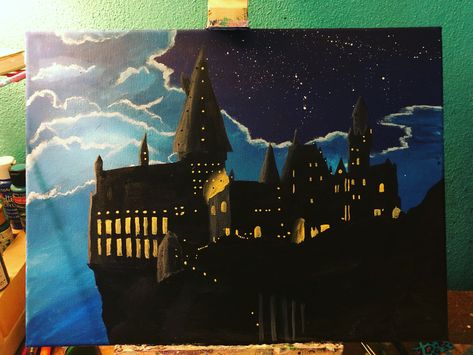 Hogwarts Castle Painting Easy, Harry Potter Easy Painting, Easy Harry Potter Painting, Harry Potter Canvas Painting, Hogwarts Painting, Harry Potter Night, Castle Scenery, Painting Castle, Harry Potter Castle