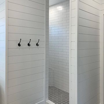 75 Subway Tile Shiplap Wall Bathroom Ideas You'll Love - March, 2024 Shiplap With Tile, Shiplap And Subway Tile Bathroom, Shiplap And Tile Bathroom, Tile Above Shower Insert, Shiplap Wall Bathroom, Subway Tile Wall, Shiplap Bathroom Wall, Built In Vanity, Subway Tile Showers