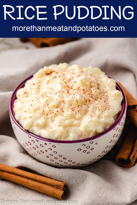 Learn how to make stovetop rice pudding without eggs using our simple to follow recipe. Delicious rice pudding made with pantry staples! #morethanmeatandpotatoes Rice Pudding Recipe Easy, Old Fashioned Rice Pudding, Keto Pudding, Puding Roti, Malva Pudding, Rice Pudding Recipes, Oreo Pudding, Creamy Rice Pudding, Milk Rice