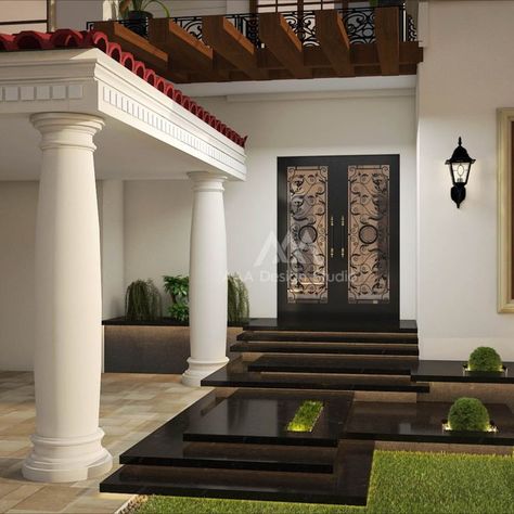 This high-quality 3D render of a classical entrance features a stunning podium with galaxy-black granite steps that are illuminated with rope lights, creating an eye-catching aesthetic. For your 3D interior and exterior renderings and animations, visit us at www.AAA-Designs.com or call us at (312) 757-1070. #architecture #interiordesign #interiors #architect #architecturedesign #3d #3drender #animation Rope Light Design, Entrance Steps, Granite Steps, Classic Entrance, Podium Design, Step Design, Exterior Rendering, Wall Shelf Decor, Steps Design