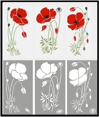 Top - stencil in color.  Bottom - layout of the Large Poppies Theme Pack - shows the main flower motifs and stamen details for stencilling on top of flower motifs. Stencil example. Flower Stincles, Stencil Flowers Pattern, Poppy Flower Stencil, Poppy Stencil, Flower Stencil Patterns, Flower Stencils, Flower Line Drawings, Flower Drawing Tutorials, Poppy Art