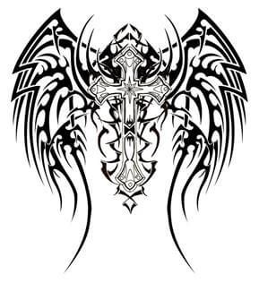 Tribal Tattoo Design - see more designs on https://thebodyisacanvas.com Dishonored Tattoo, Cross With Wings Tattoo, Stammestattoo Designs, Cross With Wings, Celtic Cross Tattoos, Bulldog Tattoo, Boat Decals, Wing Tattoo Designs, Kunst Tattoos