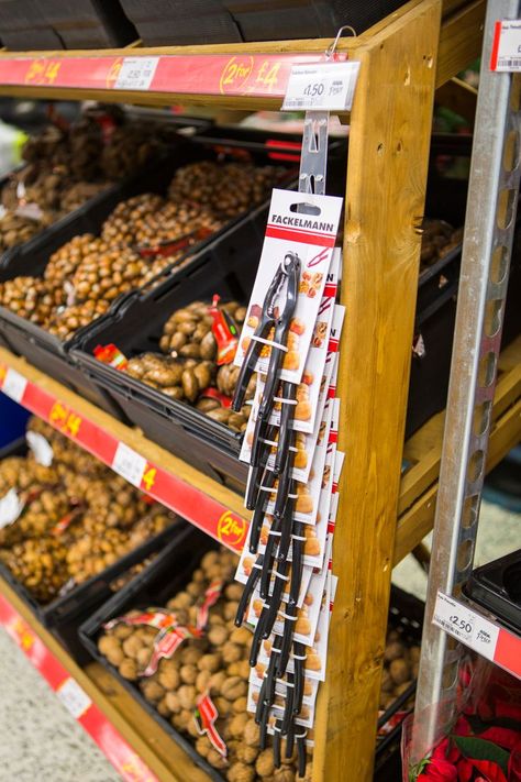 Clips strips for shelf merchandising in a supermarket showing nutcracker next to nuts Retail Display Shelves, Shelf Edge, Point Of Sale Display, Cross Selling, Pos Display, Retail Shelving, Sign Holder, Merchandising Displays, Display Shelves