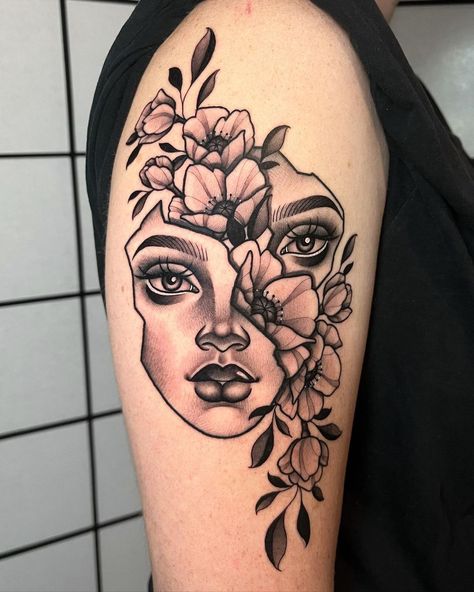 Split Face Tattoo Design, Split Personality Tattoo, Split Face Tattoo, Girl Face Tattoo, Small Rose Tattoo, Sleeve Ideas, Sleeves Ideas, Aesthetic Tattoo, Face Tattoo