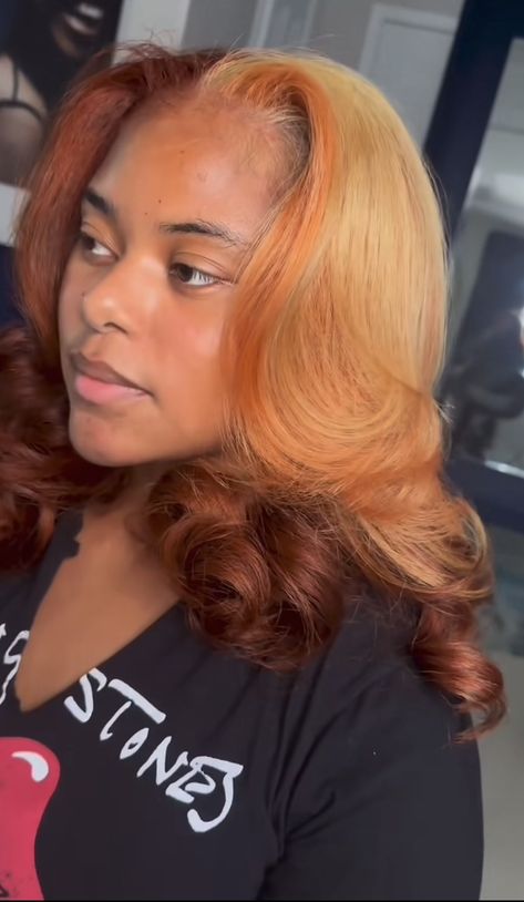 Orange Hair With Blonde Highlights Black Women, Fall Aesthetic Hair Color, Fall Color Silk Press Natural Hair, Hair Color For Fall Black Women, Ginger Blonde Highlights On Black Women, Honey Brown And Red Hair, Ginger And Chocolate Hair Black Women, Ginger Blowout Natural Hair, Honey Brown Red Hair