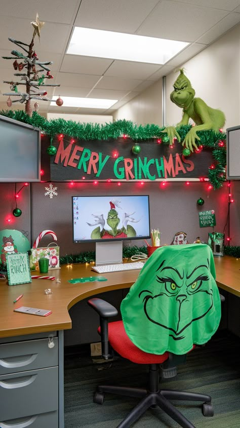 10 Christmas Desk Decor Ideas for Office Grinch Theme Office Cubicle, Grinch Theme Office Decorations, Grinch Office Cubicle Decorations, The Grinch Office Decorations, Grinch Office Decor, Grinch Christmas Decorations Office, Grinch Desk Decorations, Grinch Cubicle Decorating Ideas, Grinch Office Decorations