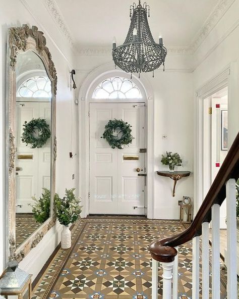 Georgian Hallway, Dulux Brilliant White, Minton Tiles, Hallway Door, Tiled Hallway, Hallway Inspiration, Hallway Design, Afternoon Sun, Georgian Homes