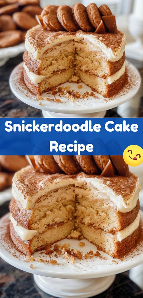 Made this Snickerdoodle Cake for a party, and it vanished instantly! Everyone asked for the recipe. Snickerdoodle Cake Recipe, Cake Recipe Moist, Snickerdoodle Cake, Fluffy Layers, Creamy Frosting, Cinnamon Milk, Sugar Sprinkles, Round Cake Pans, Snickerdoodles