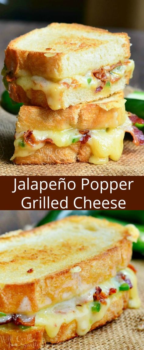 Jalapeno Popper Grilled Cheese. Amazing, ooey-gooey grilled cheese loaded with zesty cheese, jalapenos, and crispy bacon. This quick and easy sandwich will knock your sock off. #sandwich #grilledcheese #jalepenopopper #bacon #lunch #cheesy Jalapeno Bacon Grilled Cheese, Jalapeno Popper Sandwich, Amazing Grilled Cheese Recipes, Jalapeno Popper Grilled Cheese Sandwich, Jalapeno Grilled Cheese Sandwich, Jalapeño Popper Grilled Cheese Sandwich, Cheesy Sandwiches, Loaded Grilled Cheese, Jalapeno Grilled Cheese