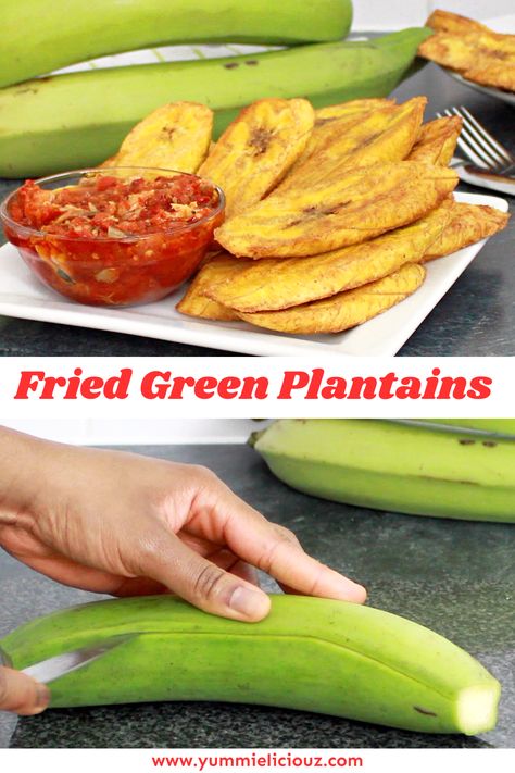 Fried green plantains recipe. This plantain recipe is easy and delicious. Fried Green Plantains, Plantain Gnocchi, Green Plantain Recipes, Plantains Recipe, Fried Plantain Recipe, Plantain Bread, Bahamian Food, Caribbean Dishes, Green Plantains