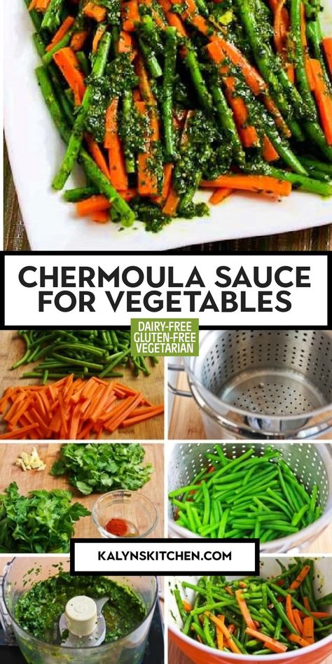 Chermoula Sauce is an interesting herb-based sauce that adds such a pop of amazing flavor to many different kinds of vegetables! We enjoyed this on steamed green beans and carrots, but see lots more options below for vegetables to eat with Chermoula Sauce. [found on kalynskitchen.com] #ChermoulaSauce #ChermoulaSauceVeggies Green Beans And Carrots, Sauce For Vegetables, Chermoula Sauce, Steamed Green Beans, South Beach Diet, Kinds Of Vegetables, Gourmet Treats, Steamed Vegetables, Vegetable Seasoning