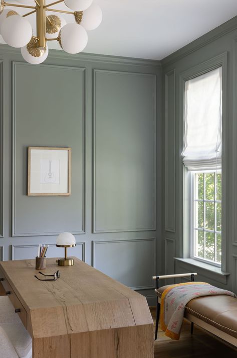 Dining Room Wanescoating Decor, Green Blue Dining Room, Blue Accent Dining Room, Dining Room Wood Paneling, Blue Wallpaper Dining Room, Green Wainscoting Dining Room, Wainscoting And Wallpaper, Green Office Walls, Office Built Ins