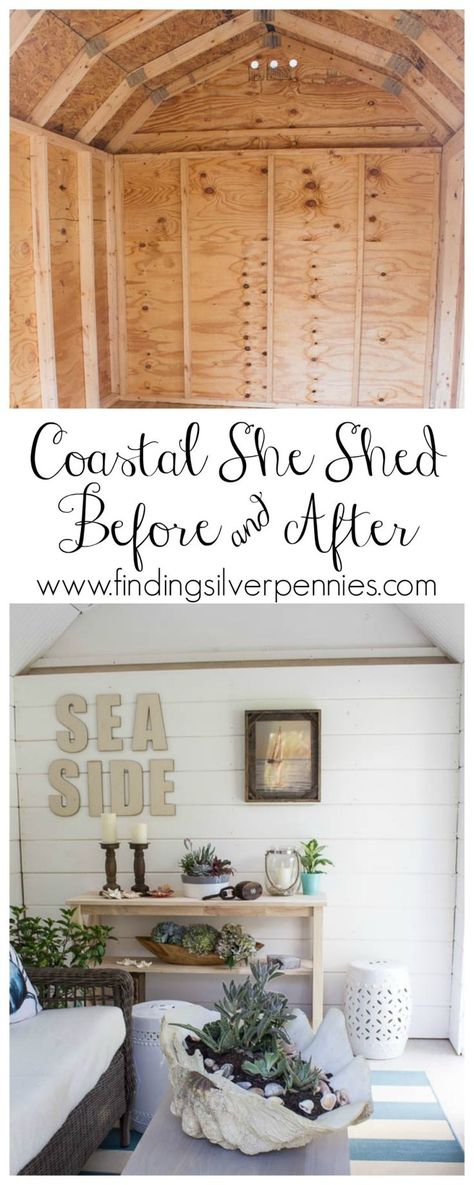 Interior of Coastal She Shed Before and After with @homedepot #sponsored Coastal She Shed, Shed Conversion Ideas, She Shed Interior, Shed Office, Shed Interior, Woman Cave, Shed Homes, She Sheds, Shed Design