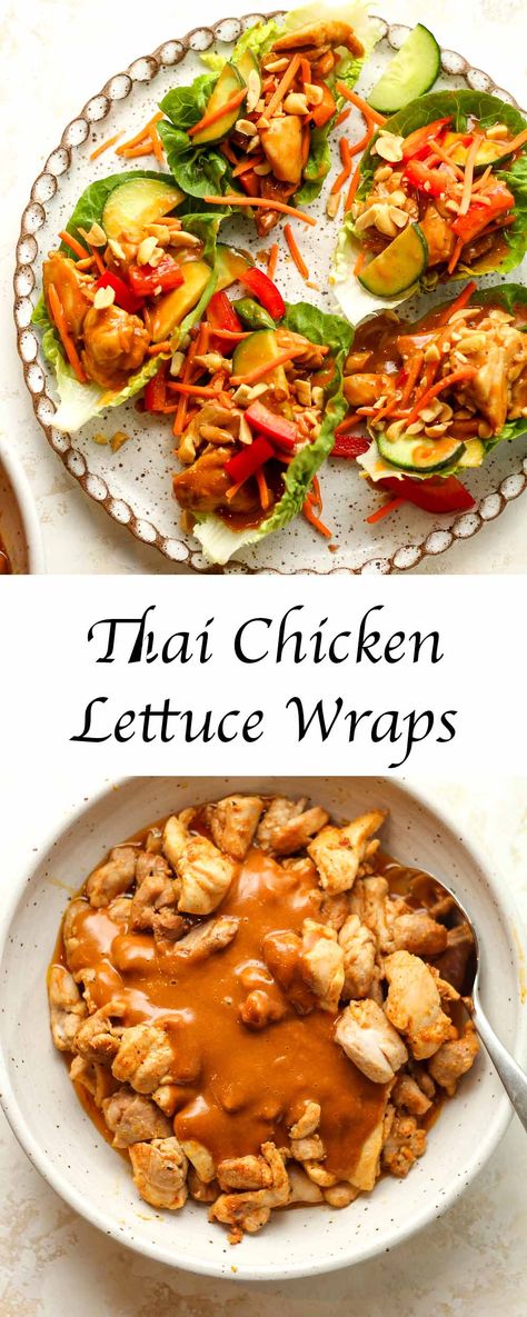 Enjoy our Chicken Lettuce Wraps with Peanut Sauce. They're a tasty mix of juicy chicken, crunchy veggies, and creamy peanut sauce, all wrapped up in fresh lettuce. It's an easy, low-carb meal that everyone will love. Peanut Chicken Lettuce Wraps, Lettuce Wraps With Peanut Sauce, Thai Chicken Lettuce Wraps, Spicy Peanut Noodles, Crunchy Veggies, Butter Lettuce, Broccoli Soup Recipes, Salad Rolls, Peanut Chicken