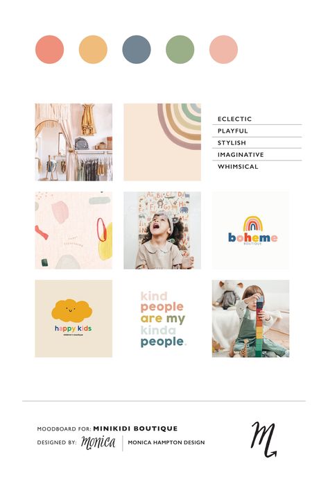 Minikidi is an eclectic, playful and stylish kid’s boutique for the cool moms and their mini ones. Muted rainbow colors paired with soft neutrals and fun shapes allude to a playful yet contemporary kid’s brand. Kid's boutique lifestyle brand identity design by Monica Hampton Design. Click through to view the full portfolio presentation. #GraphicDesign #LifestyleBrand #Branding #Logo #Moodboard Montessori Graphic Design, Playful Moodboard, Baby Brand Identity, Nursery Branding, Kids Boutique Logo, Fun Brand Identity, Rainbow Branding, Cute Branding, Mom Logo