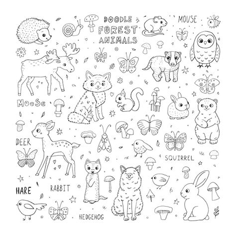 Vector cute doodle forest animals cartoo... | Premium Vector #Freepik #vector #animal-doodle #baby-fox #cute-fox #cute-doodle Doodle Forest, Moose Deer, Animals Cartoon, Character Letters, Cute Doodle, Doodle Icon, Editorial Illustration, Forest Animals, Cute Doodles